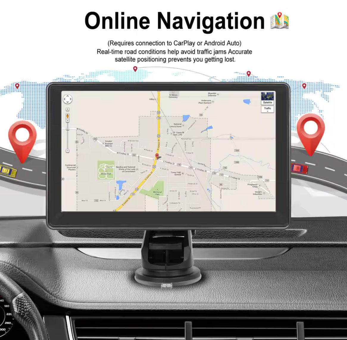 Podofo 7'' Bilskjerm - Carplay Android Auto Dashcam GPS