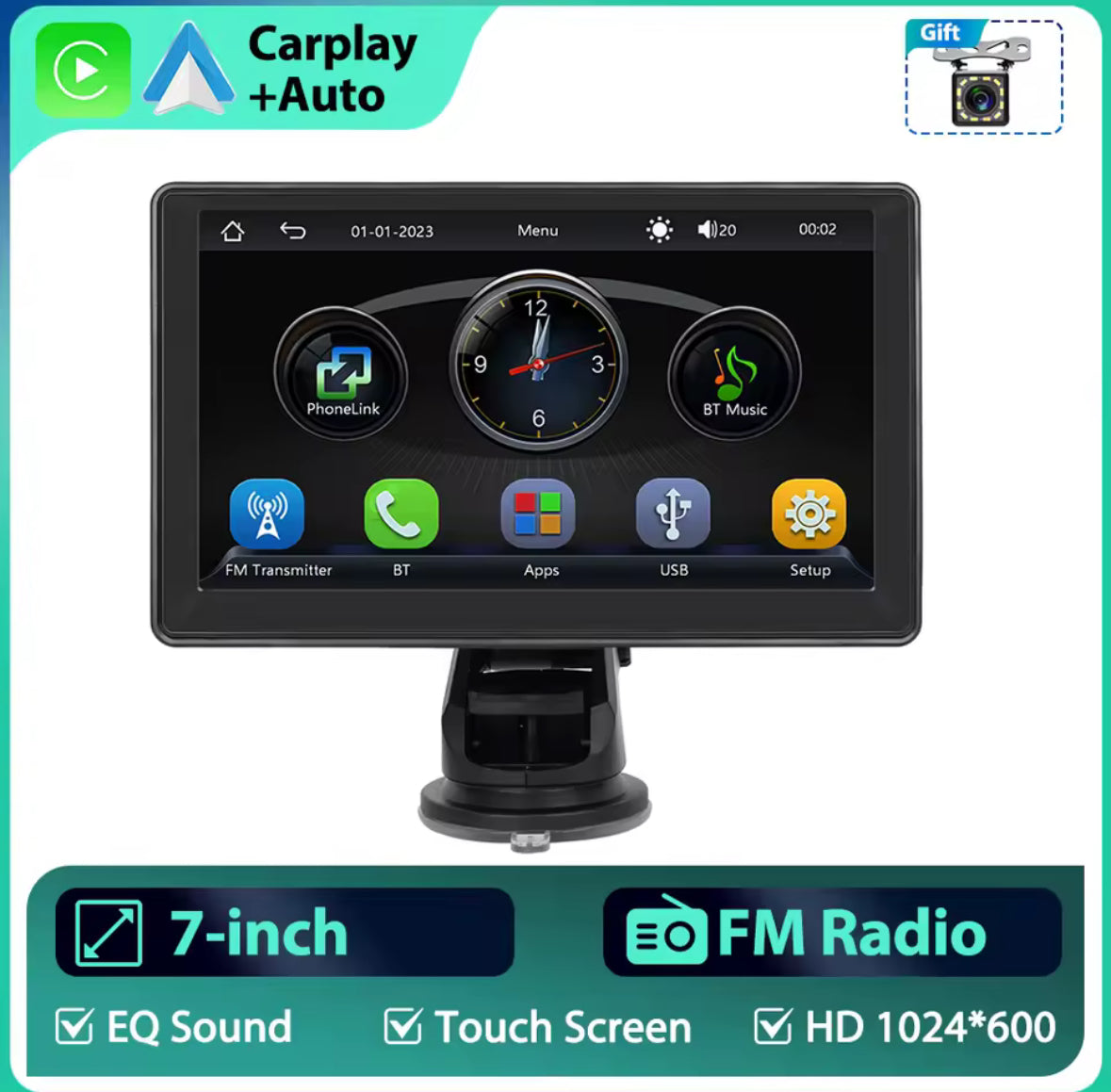 Podofo 7'' Bilskjerm - Carplay Android Auto Dashcam GPS