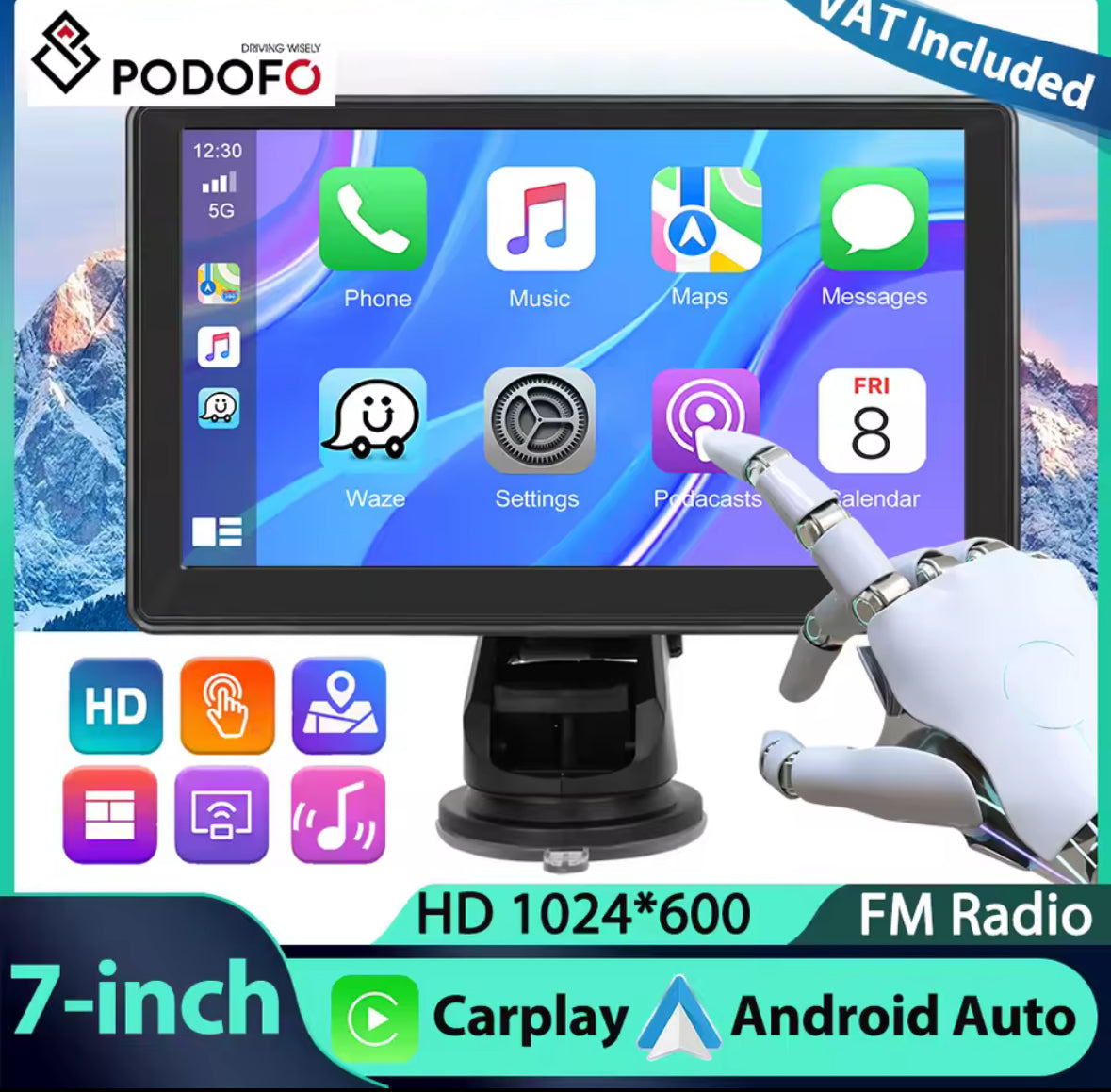 Podofo 7'' Bilskjerm - Carplay Android Auto Dashcam GPS