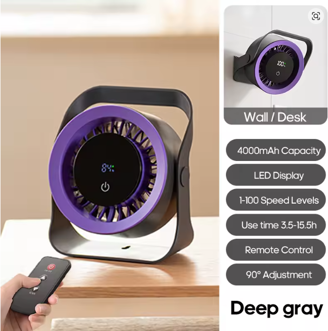 Portable 4000mAh Rechargeable Table Fan Angle Adjustable Wall Fan Remote Control Touch Screen Mini High-speed Cooling Fan